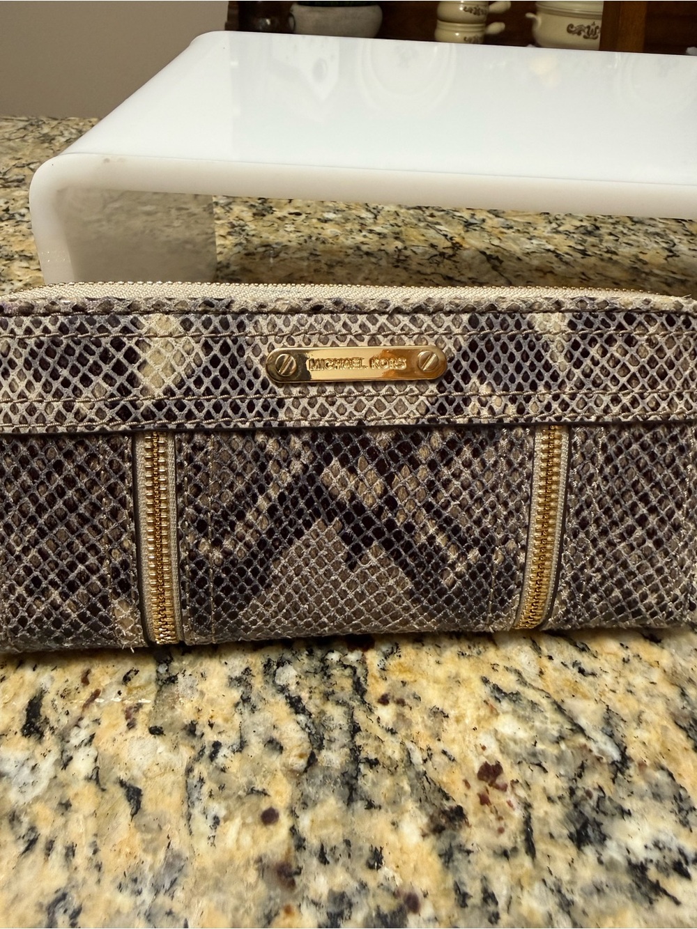Michael Kors Snake-Print Zip Clutch in Brown and Taupe with Gold Hardware